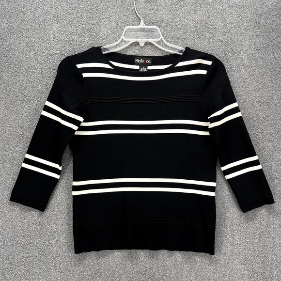 Style & Co. Tops - Style & Co Top sweater Woman Small S Black white stripe stretch knit round neck